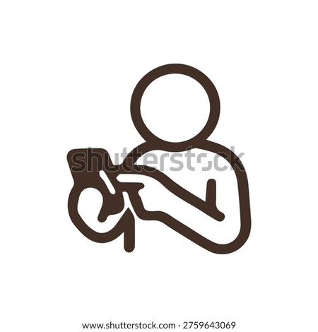 A simple brown line icon of a person using a mobile phone. Represents technology, communication, and digital interaction. Isolated on a white background.