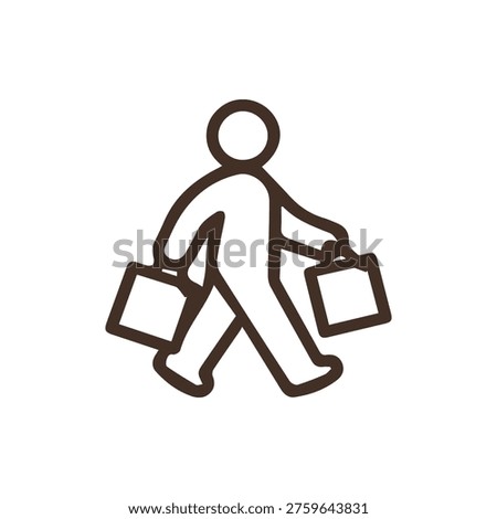 A simple brown line icon of a person walking and carrying two shopping bags. This vector graphic is ideal for retail, e-commerce, and sale concepts.