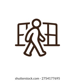 A simple, brown line icon of a stylized person walking past a window. The vector graphic is isolated on a white background, ideal for web and app use.