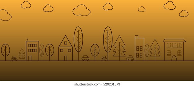Simple brown line of town in panorama view with brown background