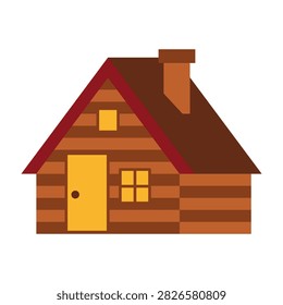 A simple brown log cabin with a red roof, a yellow door, a small window, and a chimney against a white background