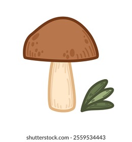 Simple brown mushroom illustration with a smooth beige stem and leafy accent. Vector illustration in simple cartoon style. Ideal for party invitations, storytelling visuals, or botanical projects