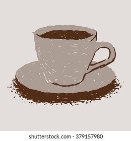 Simple brown on gray background icon of single cup full of coffee or hot cocoa