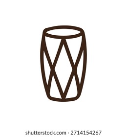 Eine einfache, braune Vektorgrafik einer stilisierten Trommel mit einem geometrischen Muster, einzeln auf weißem Hintergrund, perfekt für Musik und kulturelle Themen.