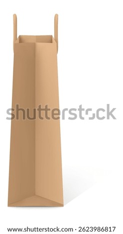 Simple brown paper shopping bag standing upright casting shadow on white background, representing retail, consumerism, and eco friendly packaging