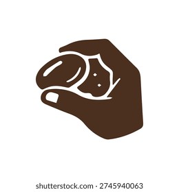 A simple brown silhouette icon of a hand holding a single coffee bean. Symbolizes quality selection, harvest, and the essence of coffee making.