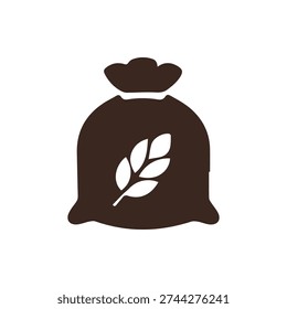 A simple brown silhouette icon of a sack filled with grain like wheat or barley, featuring a white wheat stalk symbol. Isolated on a white background.