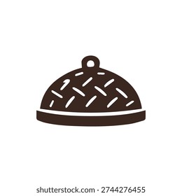 A simple brown silhouette icon of a serving cloche or food cover. Features a hand-drawn doodle style with a decorative pattern, isolated on white.