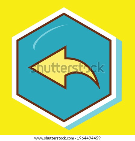Simple brown stroke arrow with a curved tail pointing left on a blue hexagon. Royalty-free.
