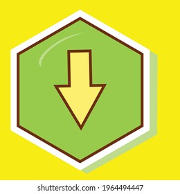 Simple brown stroke arrow pointing down on a green hexagon. Royalty-free.