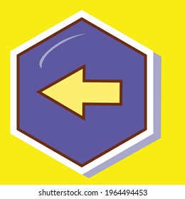 Simple brown stroke arrow pointing left on a purple hexagon. Royalty-free.