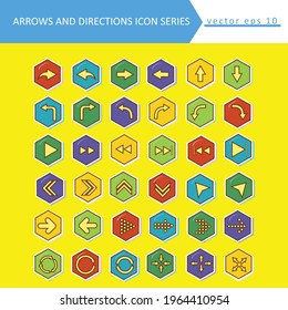 Simple brown stroke arrows and directions icon set on multi-colored polygon buttons. Royalty-free.