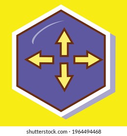 Simple brown stroke arrows pointing in all directions on a purple hexagon. Royalty-free.