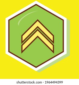 Simple brown stroke chevron arrow pointing up on a green hexagon. Royalty-free.