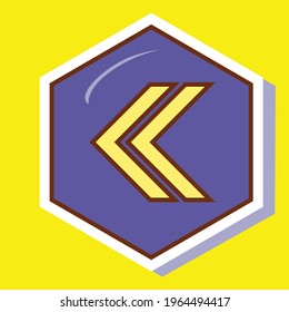 Simple brown stroke chevron arrows pointing left on a purple hexagon. Royalty-free.