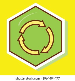 Simple brown stroke recycle arrows on a green hexagon. Royalty-free.