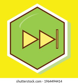 Simple brown stroke skip to the end button arrow on a green hexagon. Royalty-free.