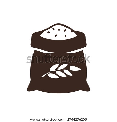 A simple, brown vector icon of an open sack filled with grains. A white wheat stalk symbol adorns the front, representing agriculture and harvest.