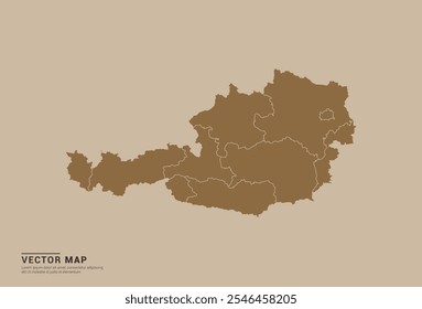 Simple brown vector map of Austria with editable provincial borders on a sand color background. Ideal for educational, business, and design use.