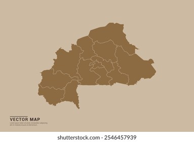 Mapa sencillo de Vector marrón de Burkina Faso con bordes provinciales editables sobre un fondo de color arena. Ideal para uso educativo, empresarial y de diseño.