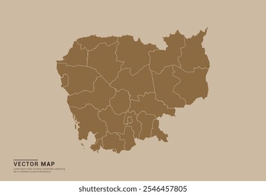 Simple brown vector map of Cambodia with editable provincial borders on a sand color background. Ideal for educational, business, and design use.