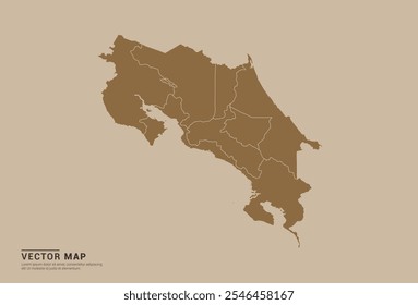 Simple brown vector map of Costa Rica with editable provincial borders on a sand color background. Ideal for educational, business, and design use.