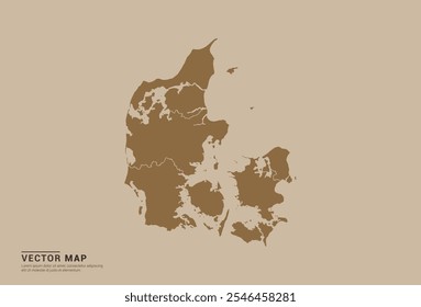 Simple brown vector map of Denmark with editable provincial borders on a sand color background. Ideal for educational, business, and design use.