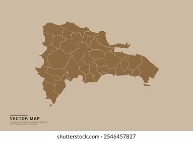 Mapa de vetor marrom simples da República Dominicana com bordas provinciais editáveis em um fundo de cor de areia. Ideal para uso educacional, empresarial e de design.