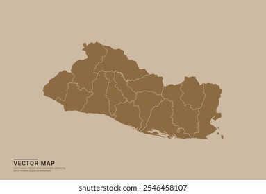 Simple brown vector map of El Salvador with editable provincial borders on a sand color background. Ideal for educational, business, and design use.