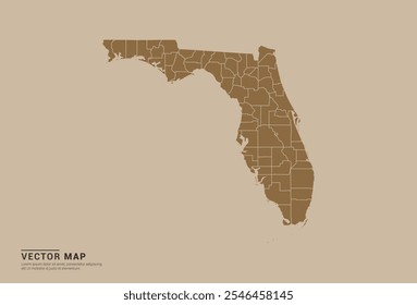 Simple brown vector map of Florida with editable provincial borders on a sand color background. Ideal for educational, business, and design use.