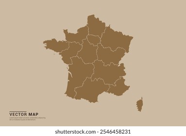 Simple brown vector map of France with editable provincial borders on a sand color background. Ideal for educational, business, and design use.