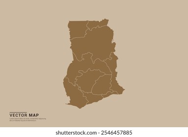 Mapa de vetor marrom simples de Gana com bordas provinciais editáveis em um fundo de cor de areia. Ideal para uso educacional, empresarial e de design.