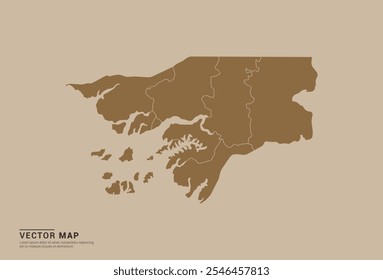 Mapa de Vector marrón simple de Guinea Bissau con bordes provinciales editables sobre un fondo de color arena. Ideal para uso educativo, empresarial y de diseño.