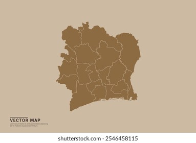 Simple brown vector map of Ivory Coast with editable provincial borders on a sand color background. Ideal for educational, business, and design use.