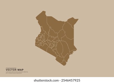 Simple brown vector map of Kenya with editable provincial borders on a sand color background. Ideal for educational, business, and design use.