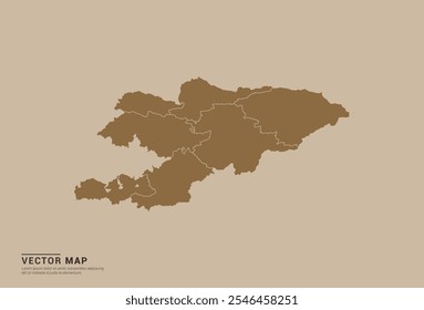 Simple brown vector map of Kyrgyzstan with editable provincial borders on a sand color background. Ideal for educational, business, and design use.