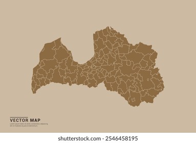 Simple brown vector map of Latvia with editable provincial borders on a sand color background. Ideal for educational, business, and design use.