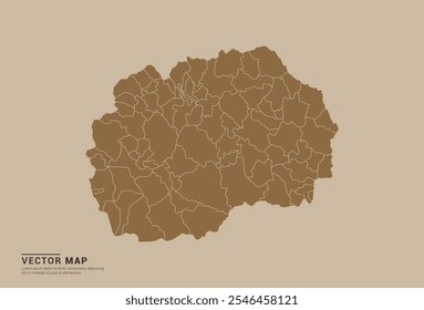 Simple brown vector map of Macedonia with editable provincial borders on a sand color background. Ideal for educational, business, and design use.