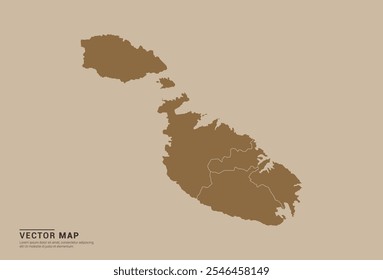 Simple brown vector map of Malta with editable provincial borders on a sand color background. Ideal for educational, business, and design use.