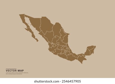 Simple brown vector map of Mexico with editable provincial borders on a sand color background. Ideal for educational, business, and design use.