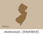 Simple brown vector map of New Jersey with editable provincial borders on a sand color background. Ideal for educational, business, and design use.