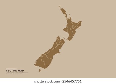 Simple brown vector map of New Zealand with editable provincial borders on a sand color background. Ideal for educational, business, and design use.