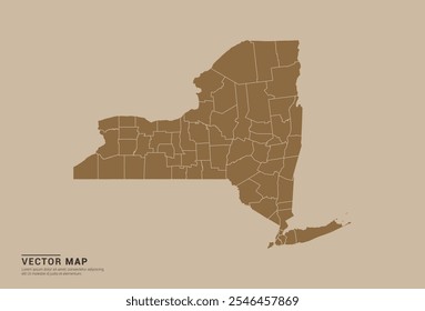 Simple brown vector map of New York with editable provincial borders on a sand color background. Ideal for educational, business, and design use.