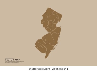 Mapa de vetor marrom simples de Nova Jersey com bordas provinciais editáveis em um fundo de cor de areia. Ideal para uso educacional, empresarial e de design.