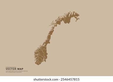 Mapa de Vector marrón simple de Noruega con bordes provinciales editables sobre un fondo de color arena. Ideal para uso educativo, empresarial y de diseño.