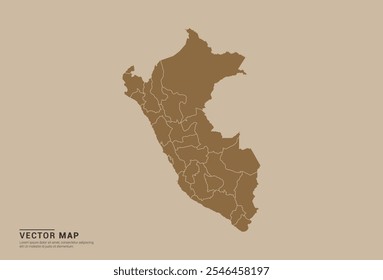 Simple brown vector map of Peru with editable provincial borders on a sand color background. Ideal for educational, business, and design use.