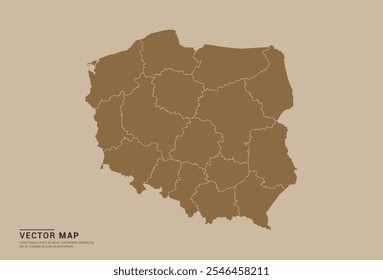 Simple brown vector map of Poland with editable provincial borders on a sand color background. Ideal for educational, business, and design use.