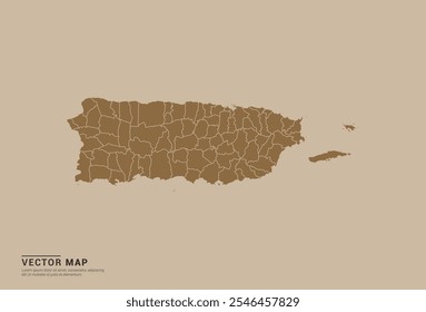 Simple brown vector map of Puerto Rico with editable provincial borders on a sand color background. Ideal for educational, business, and design use.