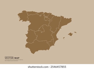 Simple brown vector map of Spain with editable provincial borders on a sand color background. Ideal for educational, business, and design use.