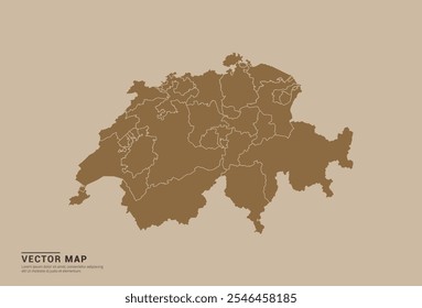 Mapa de Vector marrón simple de Suiza con bordes provinciales editables sobre un fondo de color arena. Ideal para uso educativo, empresarial y de diseño.